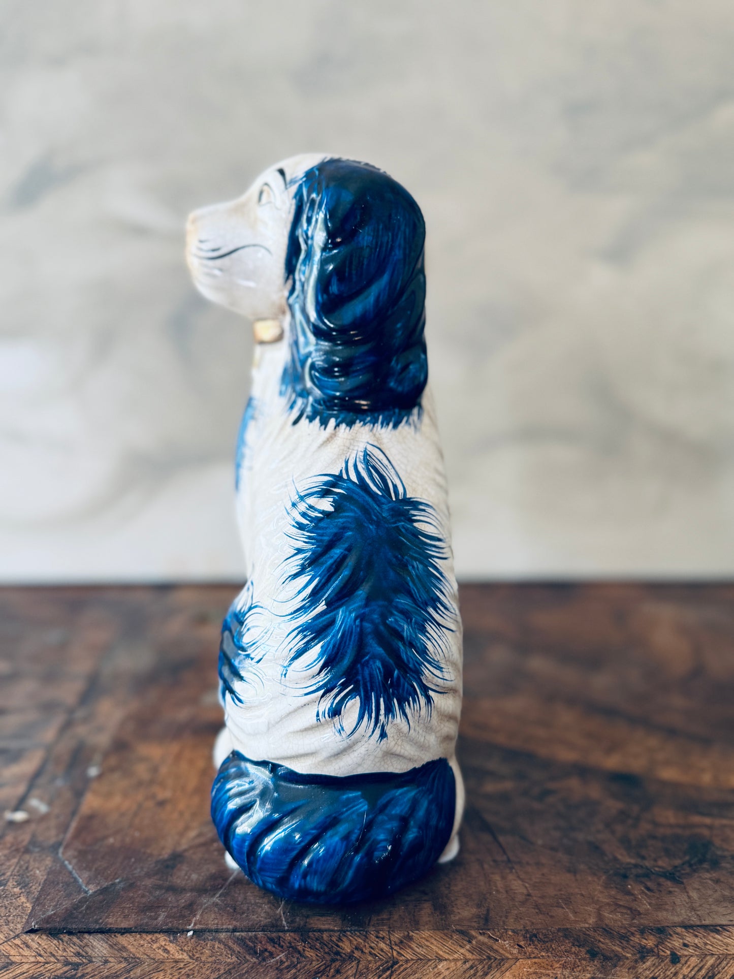 English Chinoiserie Style Blue and White Ceramic Staffordshire Dog - Single Right Side Dog