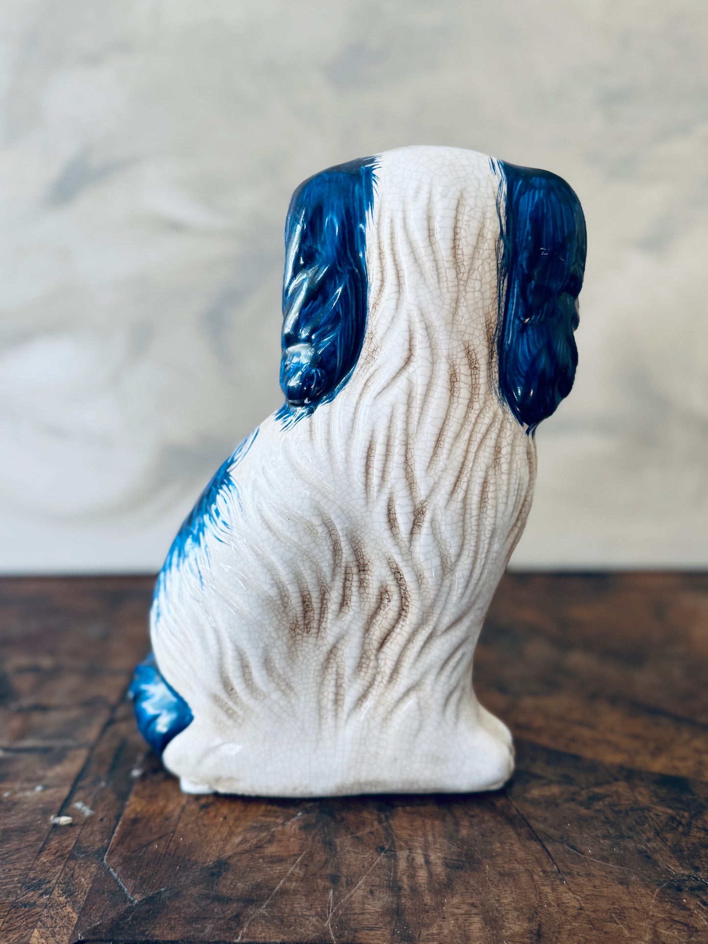English Chinoiserie Style Blue and White Ceramic Staffordshire Dog - Single Right Side Dog