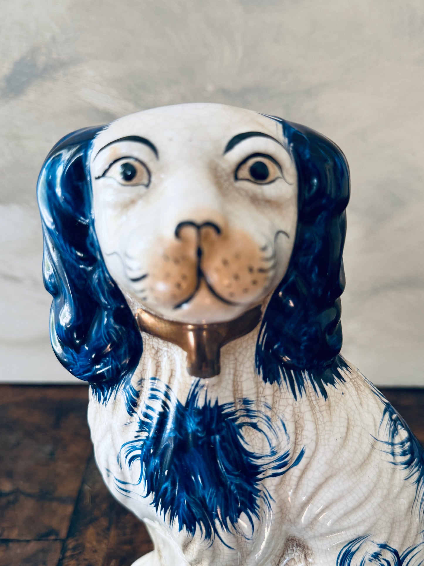 English Chinoiserie Style Blue and White Ceramic Staffordshire Dog - Single Right Side Dog