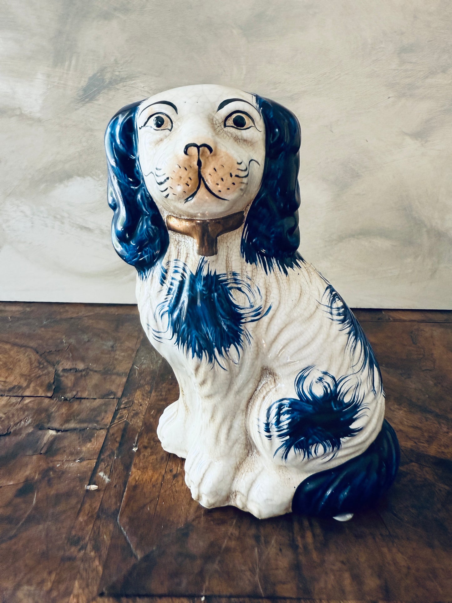 English Chinoiserie Style Blue and White Ceramic Staffordshire Dog - Single Right Side Dog