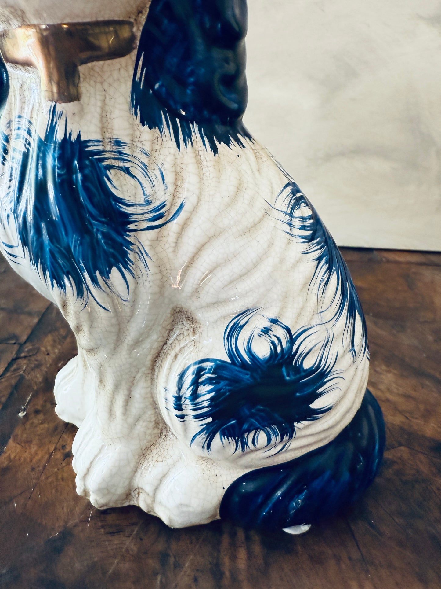 English Chinoiserie Style Blue and White Ceramic Staffordshire Dog - Single Right Side Dog