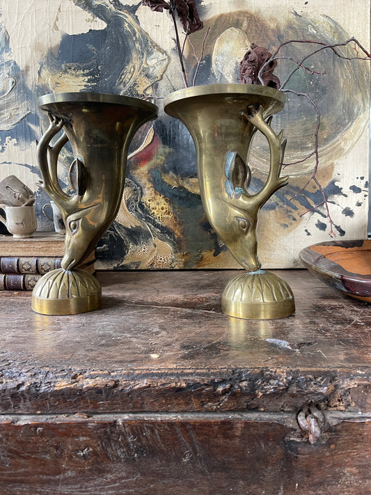 Large Brass Deer Torchieres - a Pair