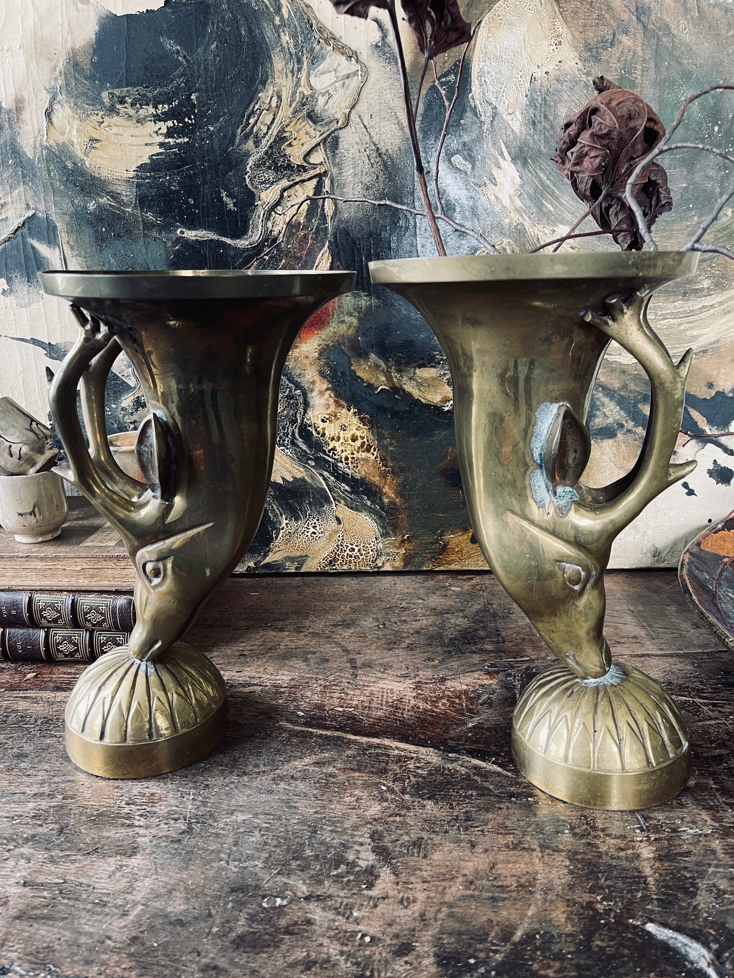 Large Brass Deer Torchieres - a Pair