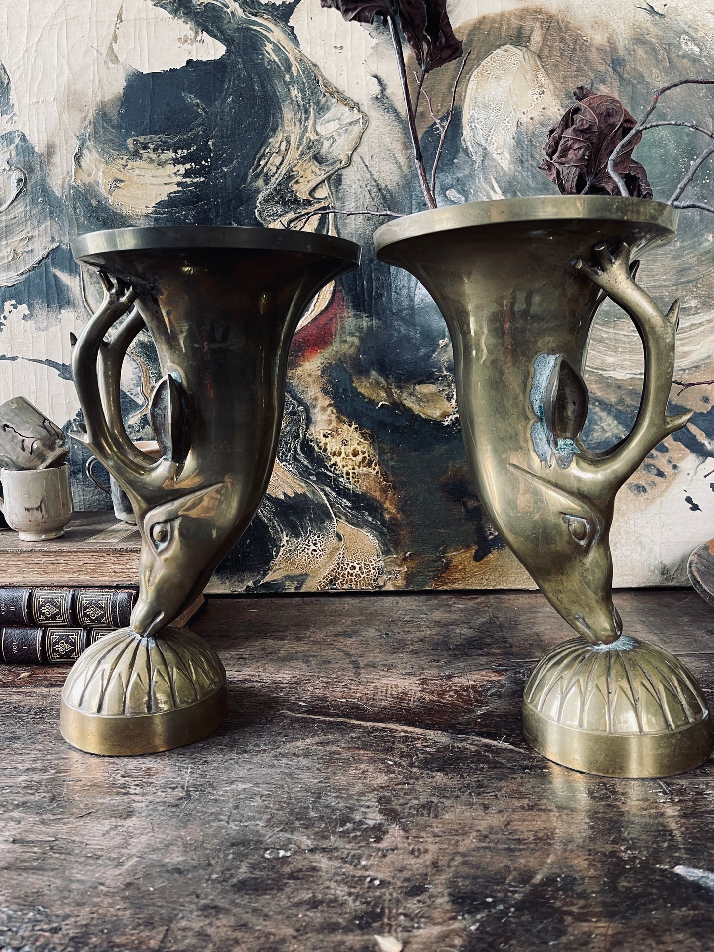 Large Brass Deer Torchieres - a Pair