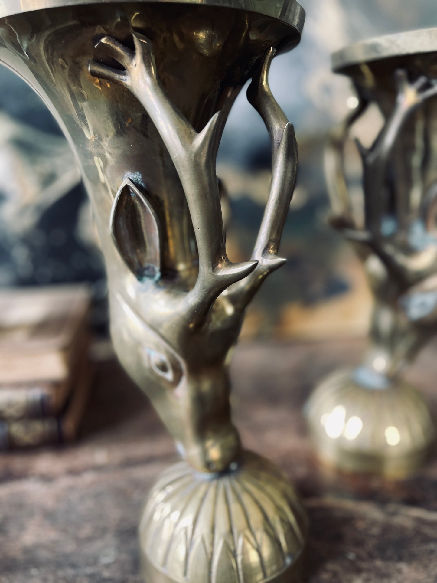 Large Brass Deer Torchieres - a Pair