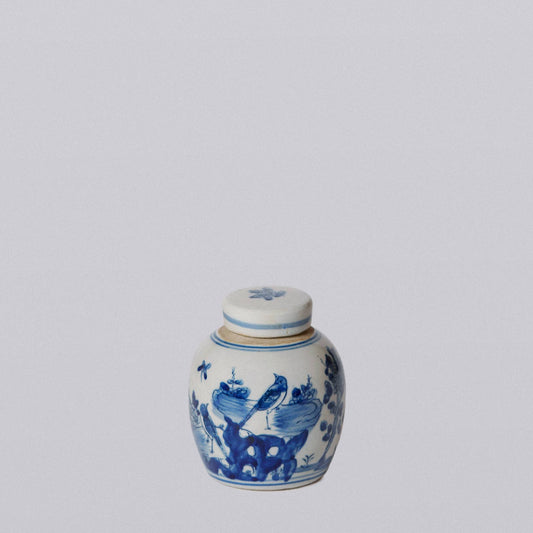 Blue and White Chinoiserie Porcelain Mini Ginger Jar - Bird and Flower Design