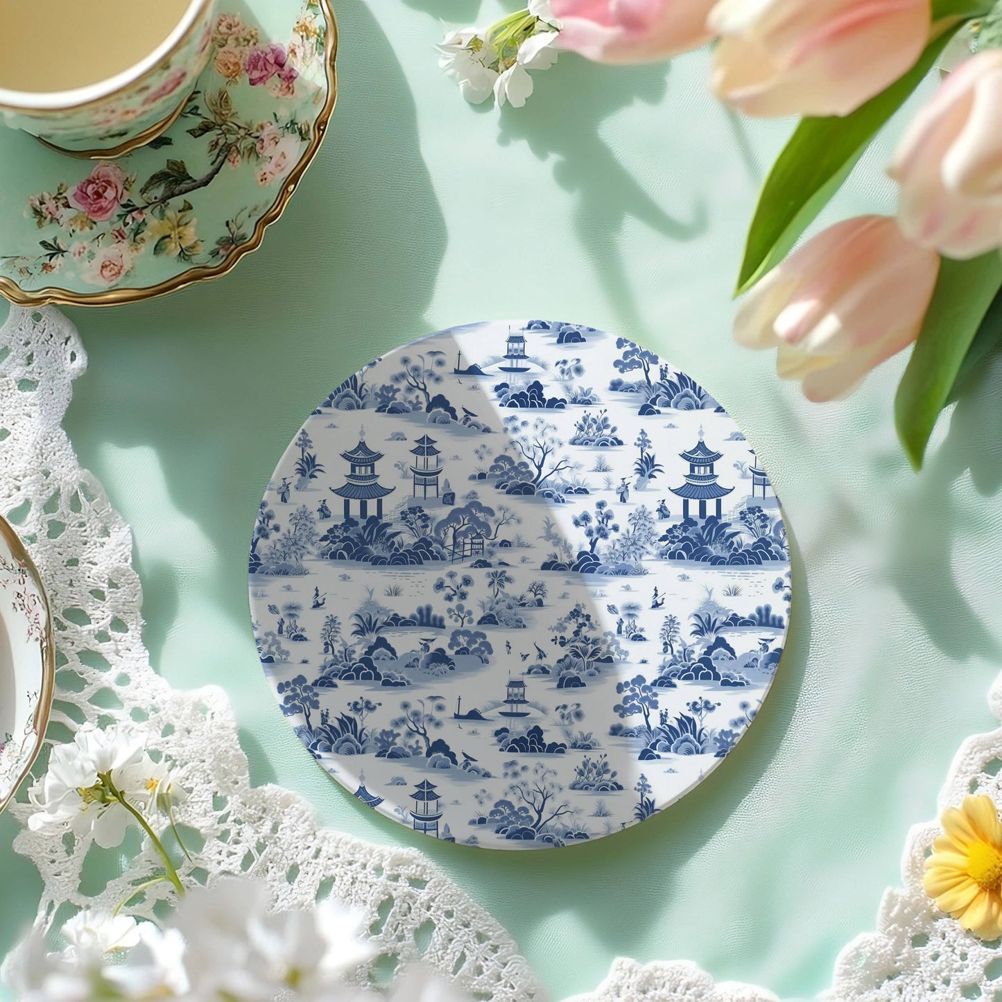 Blue and White Chinoiserie Pagoda Coaster - Elegant Cork-Backed Ceramic Drink Coaster