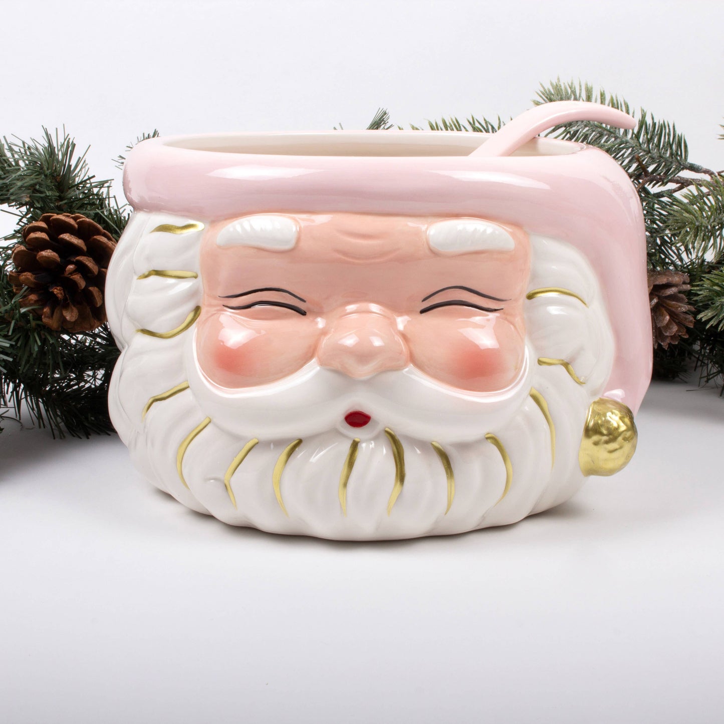 Pink Santa Punch Bowl & Ceramic Ladle - Holiday Party Christmas Serveware