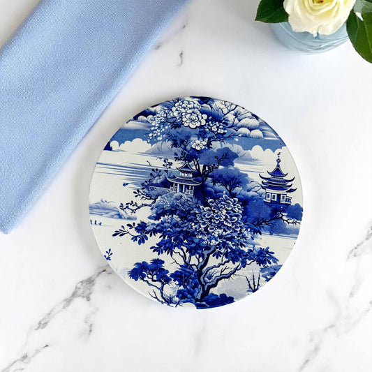 Blue and White Blue Willow Style Chinoiserie Coaster