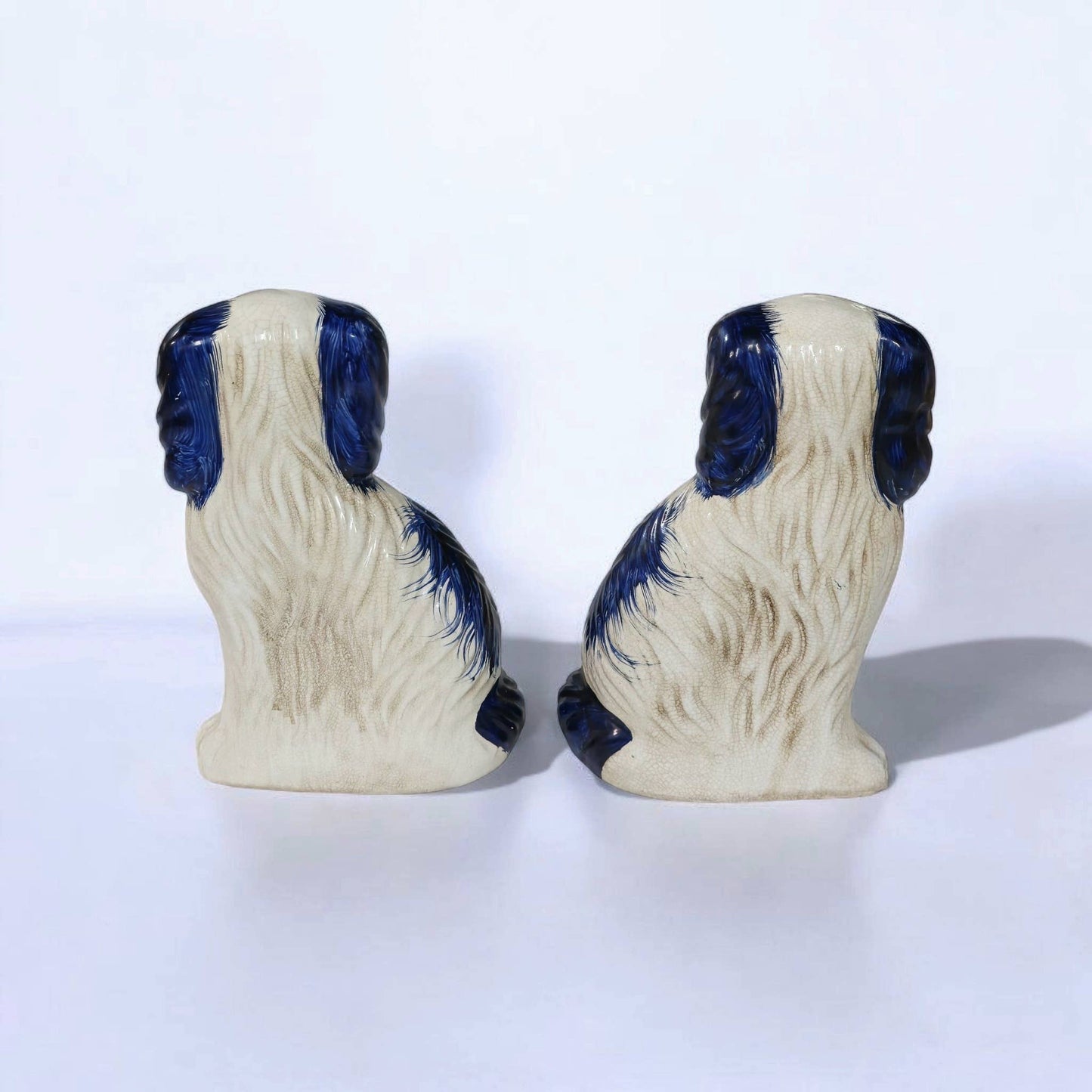 Pair of English Chinoiserie Style Blue and White Ceramic Staffordshire Dog