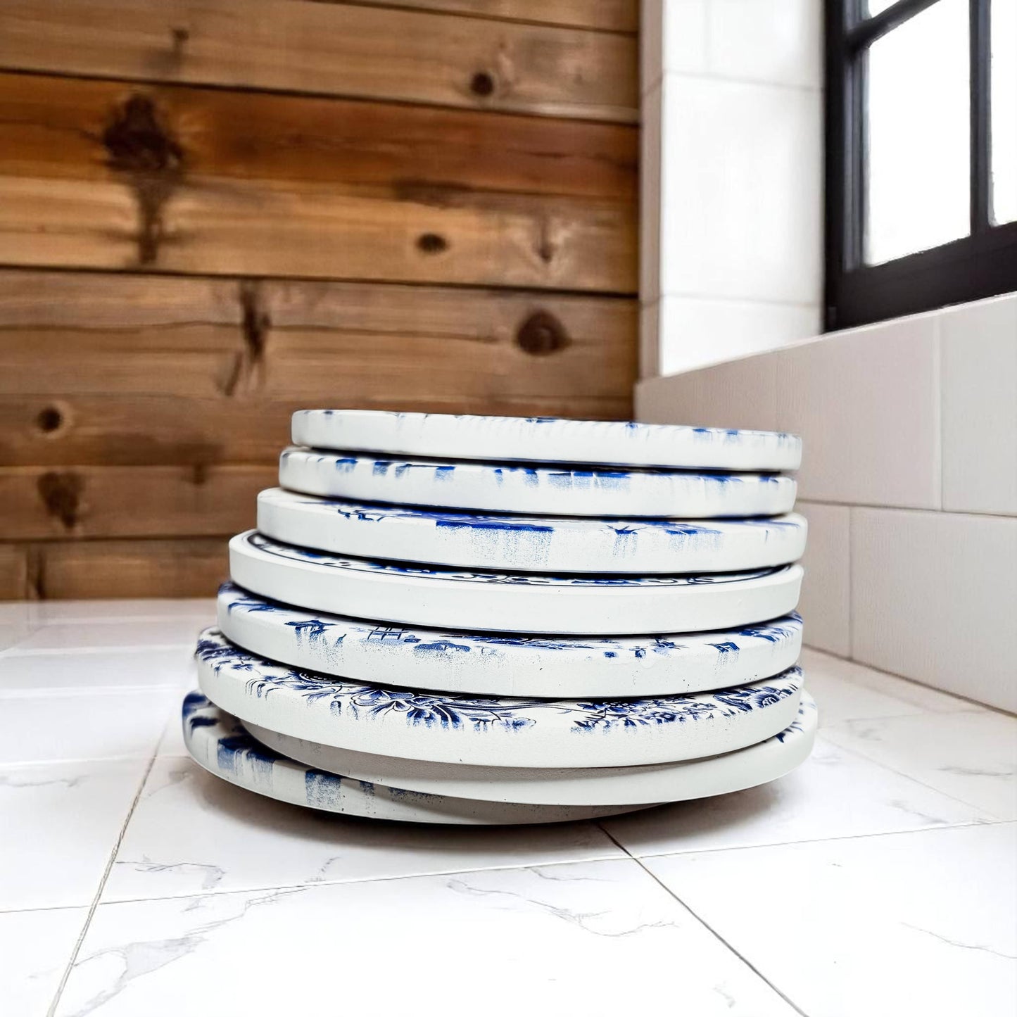 Blue and White Chinoiserie Pagoda Coaster - Elegant Cork-Backed Ceramic Drink Coaster