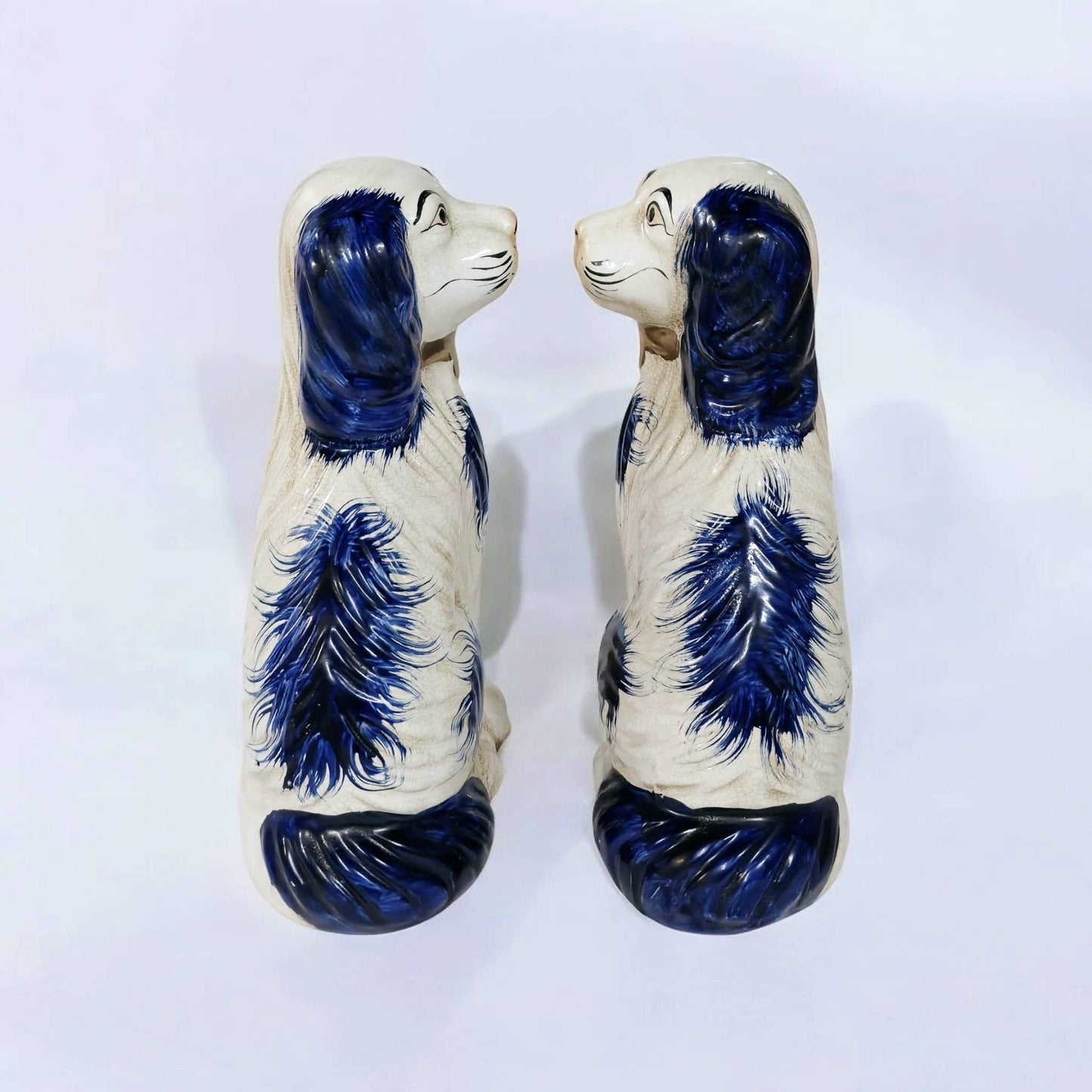 Pair of English Chinoiserie Style Blue and White Ceramic Staffordshire Dog