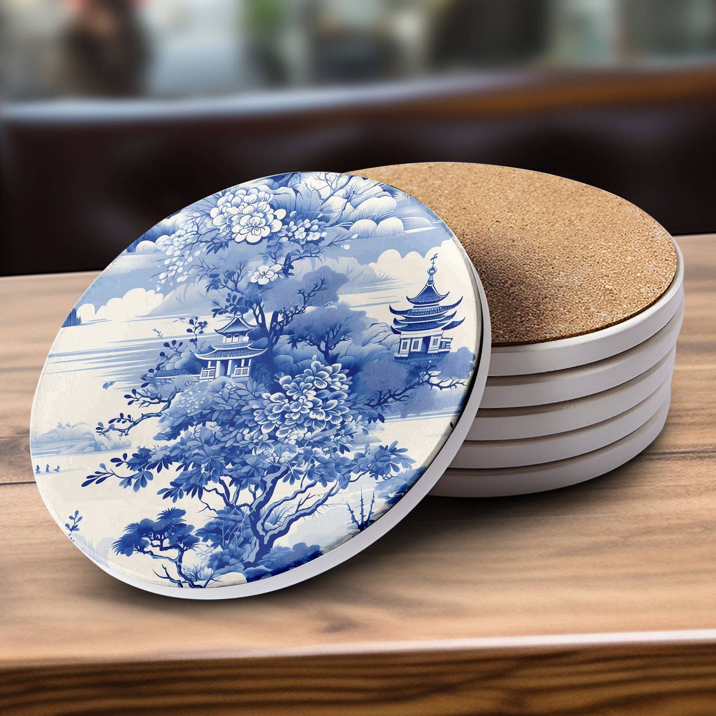 Blue and White Blue Willow Style Chinoiserie Coaster