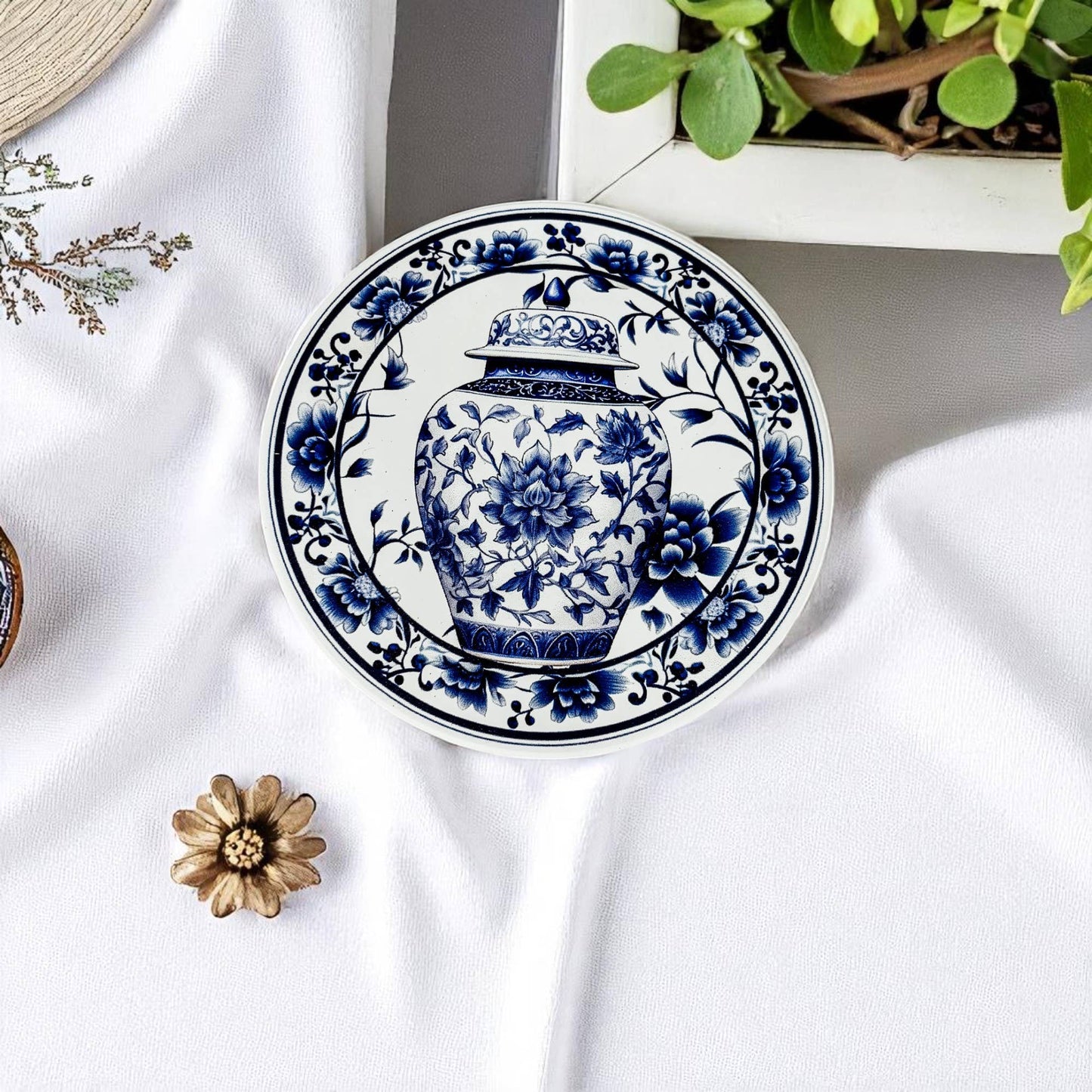 Blue and White Floral Ginger Jar Chinoiserie Coaster