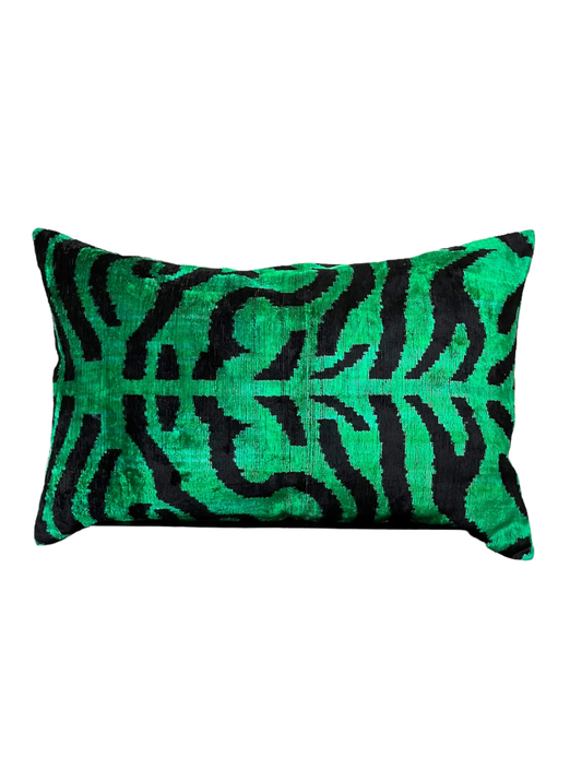 emerald green silk ikat pillow in tiger pattern