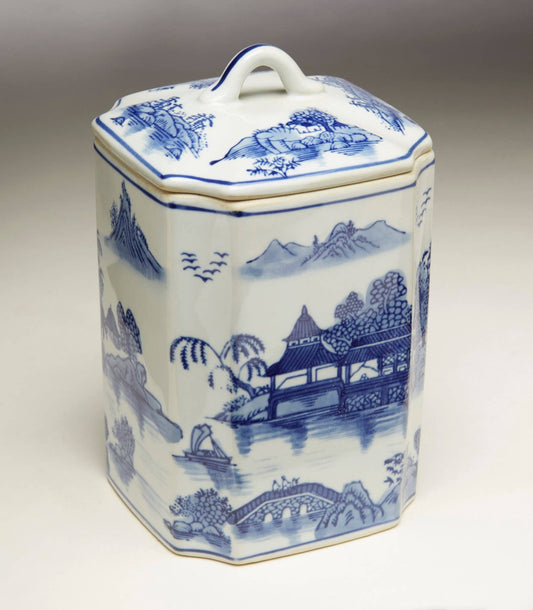 Blue Willow Design 8" Square Ginger Jar - Porcelain Chinoiserie Decor