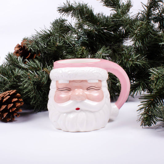 Pink Santa Mug | Holiday Cocoa Cup, Ceramic Santa Face Mug, Christmas Gift